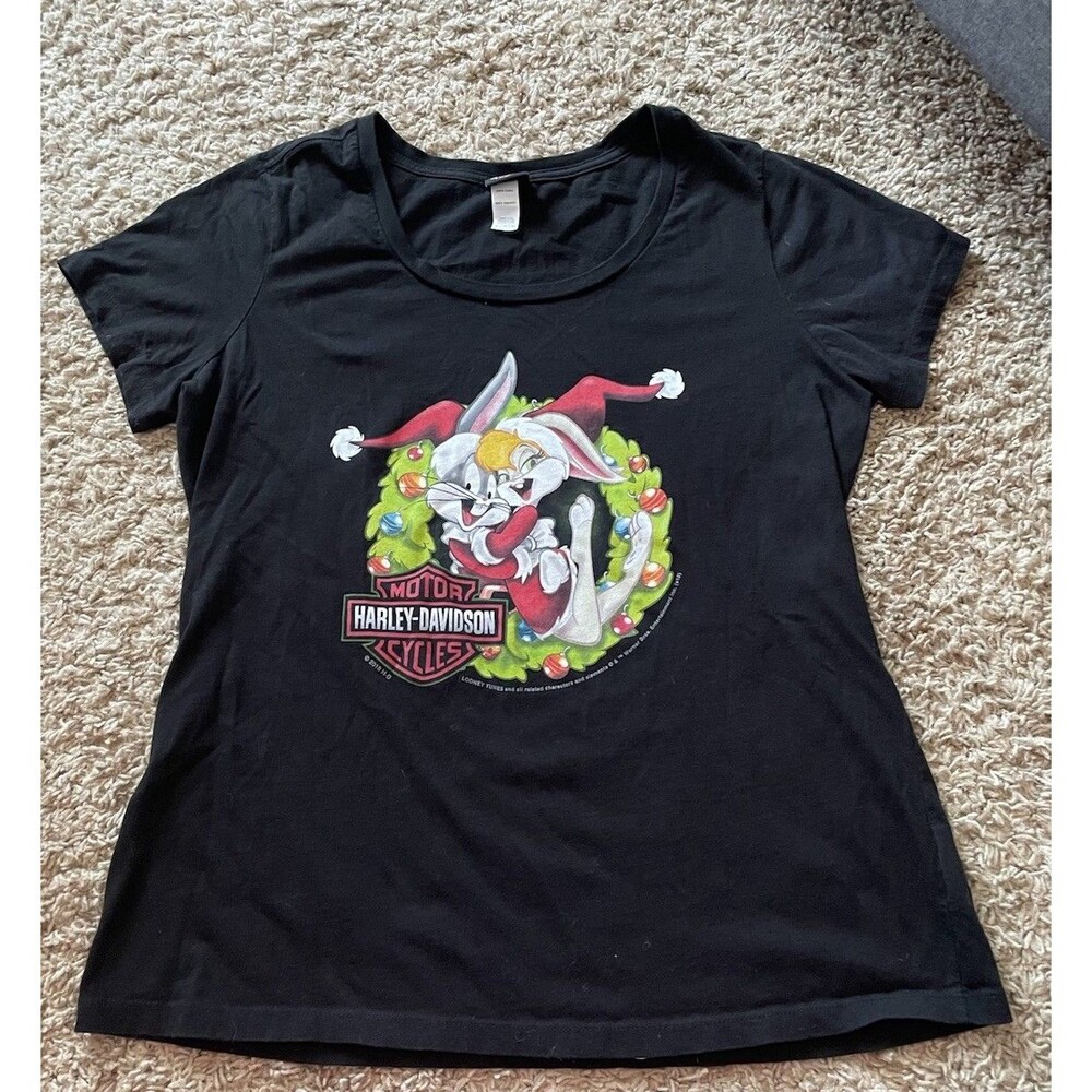 Harley-Davidson Looney Tunes Bugs Bunny Christmas Wreath Women’s Tshirt, Size XL